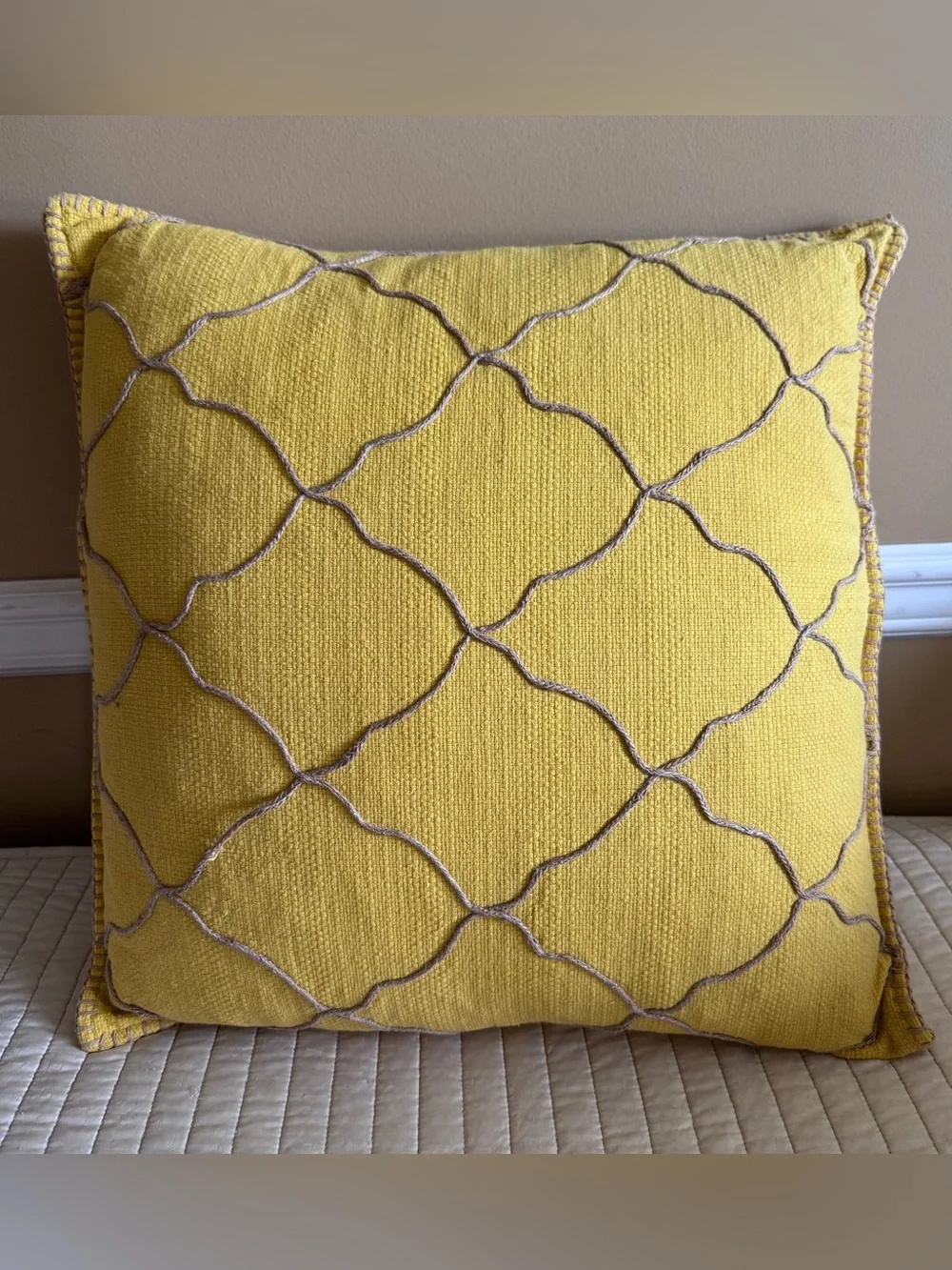 Modern 20” feather throw pillow with embroidered yellow cover MINT. Removable co